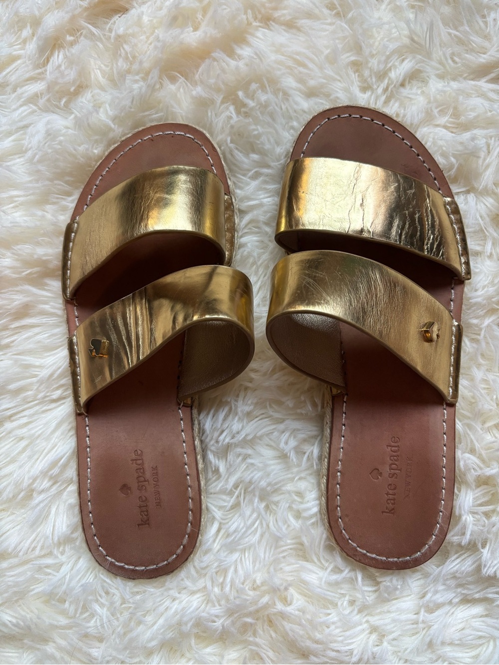 Kate Spade Duo Metallic Gold Leather Slide Sandals 6.5